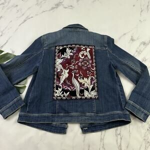 Chicos Womens Embellished Denim Jean Jacket Size 1 8/10 Blue Red Floral Stretch
